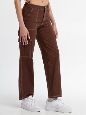 Tilly's Full Tilt Chocolate Brown Carpenter Pants with White Contrast Stitching